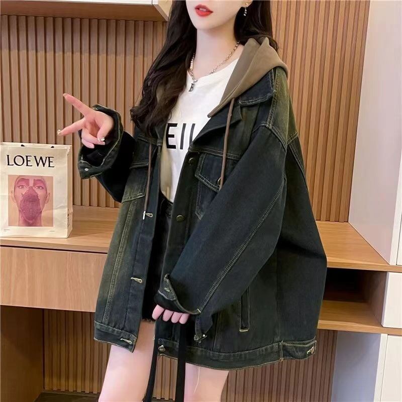 おすすめ トレンドアイテム 存在感抜群 フード付き デニムジャケットゆったりコートE-9888