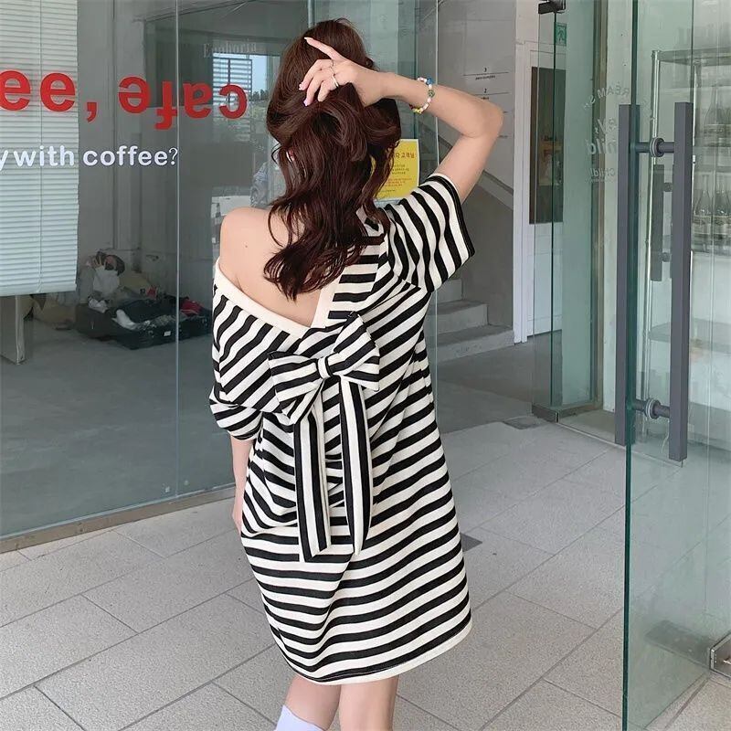 スタイルアップ 上質 美人度アップ リボン ストライプ柄 ワンピースE-9202