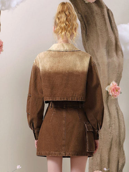 絶対欲しい グラデーション デザイン性抜群 デニム トップスⅹミニスカートセットアップE-9159