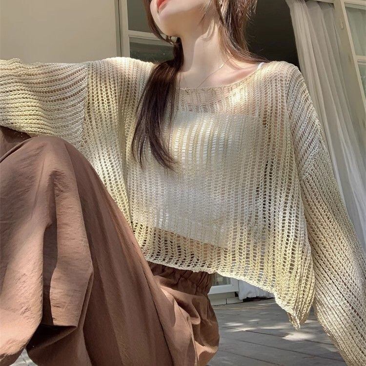 韓国風ファッション 透かし彫り 柔らかくて優しい印象 ニットトップスE-9153