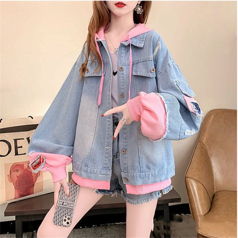 大活躍レイヤード風ダメージ加工デニムジャケット全2色パーカーE-4706