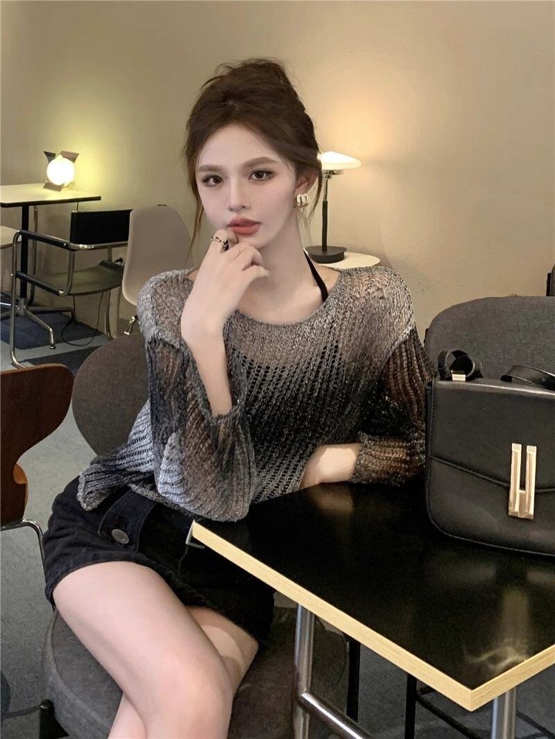 韓国風ファッション 透かし彫り 柔らかくて優しい印象 ニットトップスE-9153