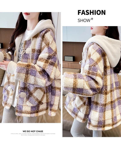 絶対流行 カジュアル 柔らかくて優しい印象 チェック柄 2色選択 ラムフリース コート ボアジャケットE-9854