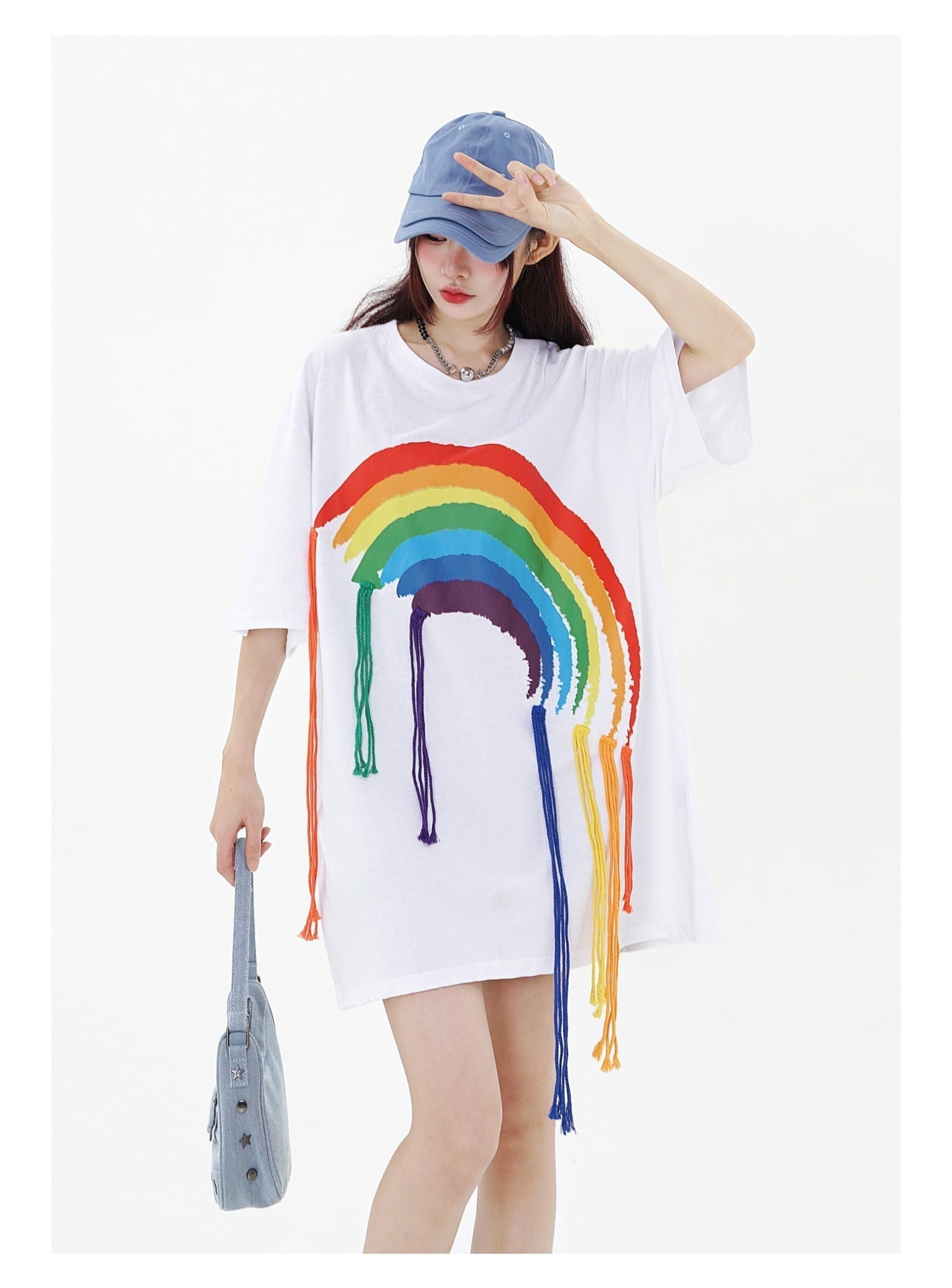 好感度UP 虹ロゴ タッセル ゆったり Tシャツ 全2色 ユニセックス半袖E-4863