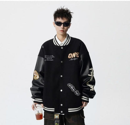 【中棉】人気爆発中 アメリカンレトロ 配色切り替え 刺繍ロゴ ユニセックス スタジャンE-12627