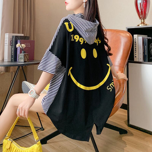 スタイルアップ効果抜群 ストライプ柄 アバンギャルド 切り替え レース プリント全2色 半袖TシャツE-9111