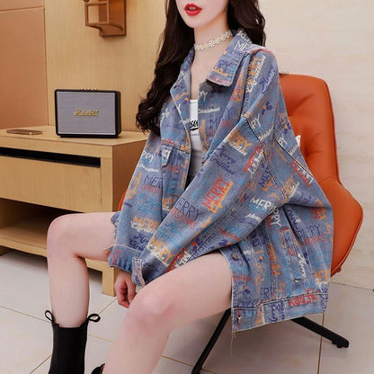 話題沸騰中 プリント 韓国風ファッション デニムジャケットゆったりコートE-9239