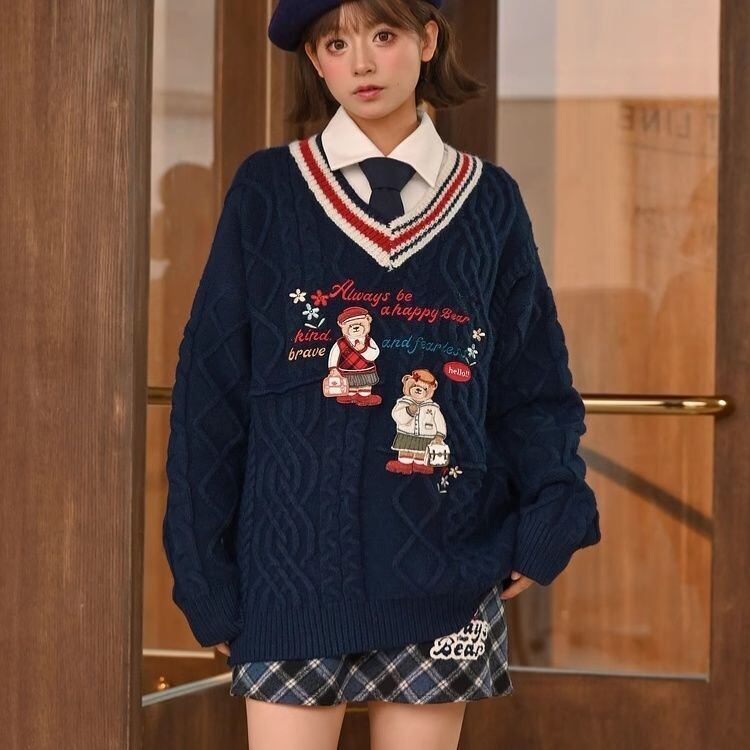 超人気 気質アップ 絶対欲しい Vネック 刺繍 切り替え2色選択 ニットトップスE-9577