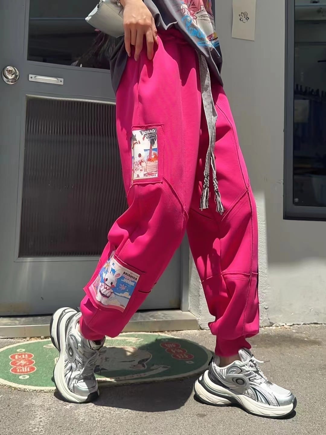 大活躍 高見えデザイン スタイルアップ効果抜群 切り替え プリント 全4色 カジュアルパンツE-9358