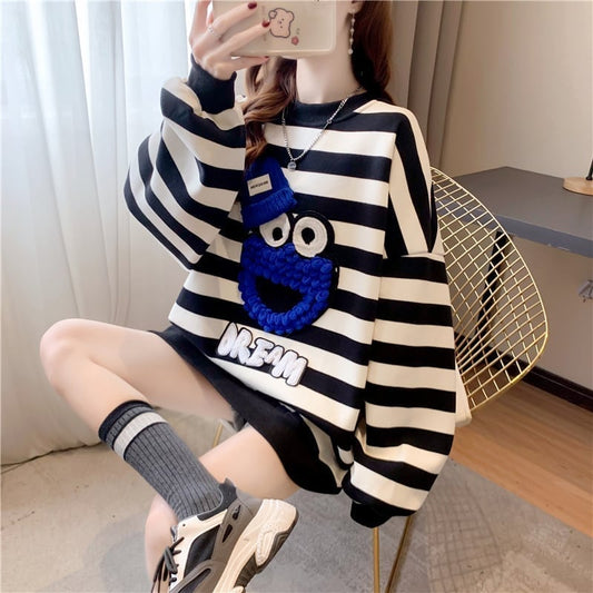 韓国系ストライプ柄  ぬいぐるみオーバーサイズ スウェットE-4105