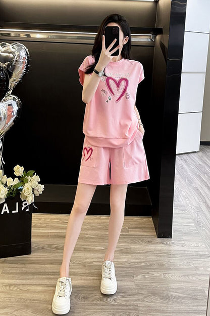 超人気 ホットダイヤモンド カジュアル プリント 半袖Tシャツ ショートパンツ セットアップ E-9215