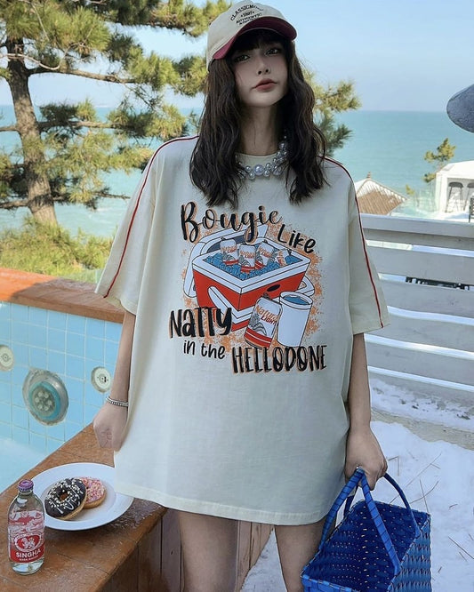 着せ ビッグロゴ ゆったり ロングTシャツ 半袖 ワンピース<ins-4859>