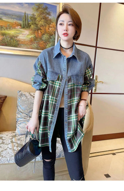 今季マストバイ 着心地良い 絶対欲しい チェック柄 切り替え デニム シャツ E-9266