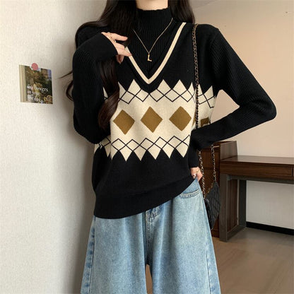 人気上昇中 レイヤード風 おしゃれ度高め 全2色 ニットトップスE-9583