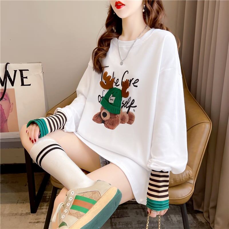 着心地抜群 ラウンドネック 好感度満載 カートゥーンプリント シャツ ブラウスE-2664