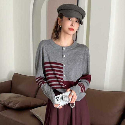 都市ファッショ デザイン オシャレ 切り替え ストライプ柄 ニットトップスE-9581