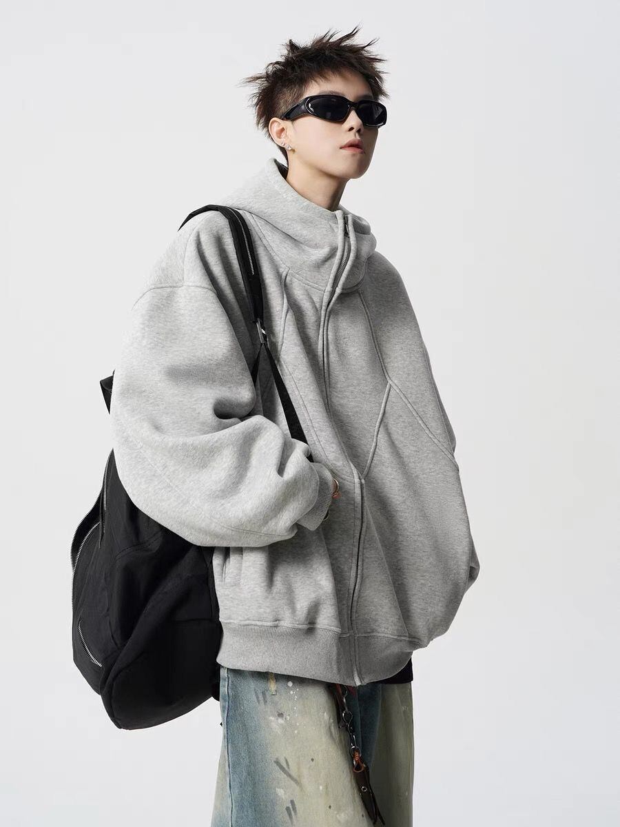 ファッション感満々 切り替え 2色選択 男女兼用 ジップアップパーカーE-12543