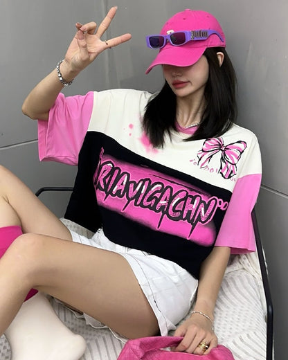 着回し力抜群 韓国系 切り替え三色 ゆったり半袖Tシャツ ＜ins-8455＞