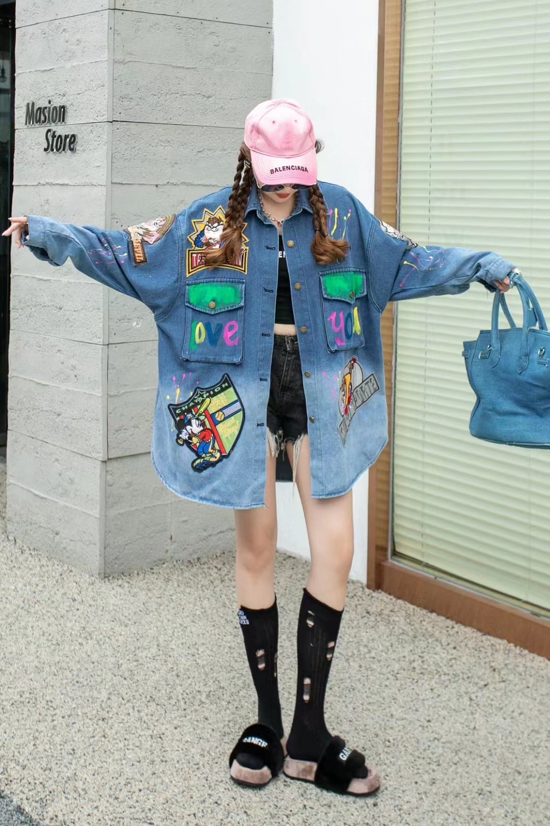 大活躍 刺?ロゴ 落書きストレート系 デニムジャケットゆったりコートiEf-4764