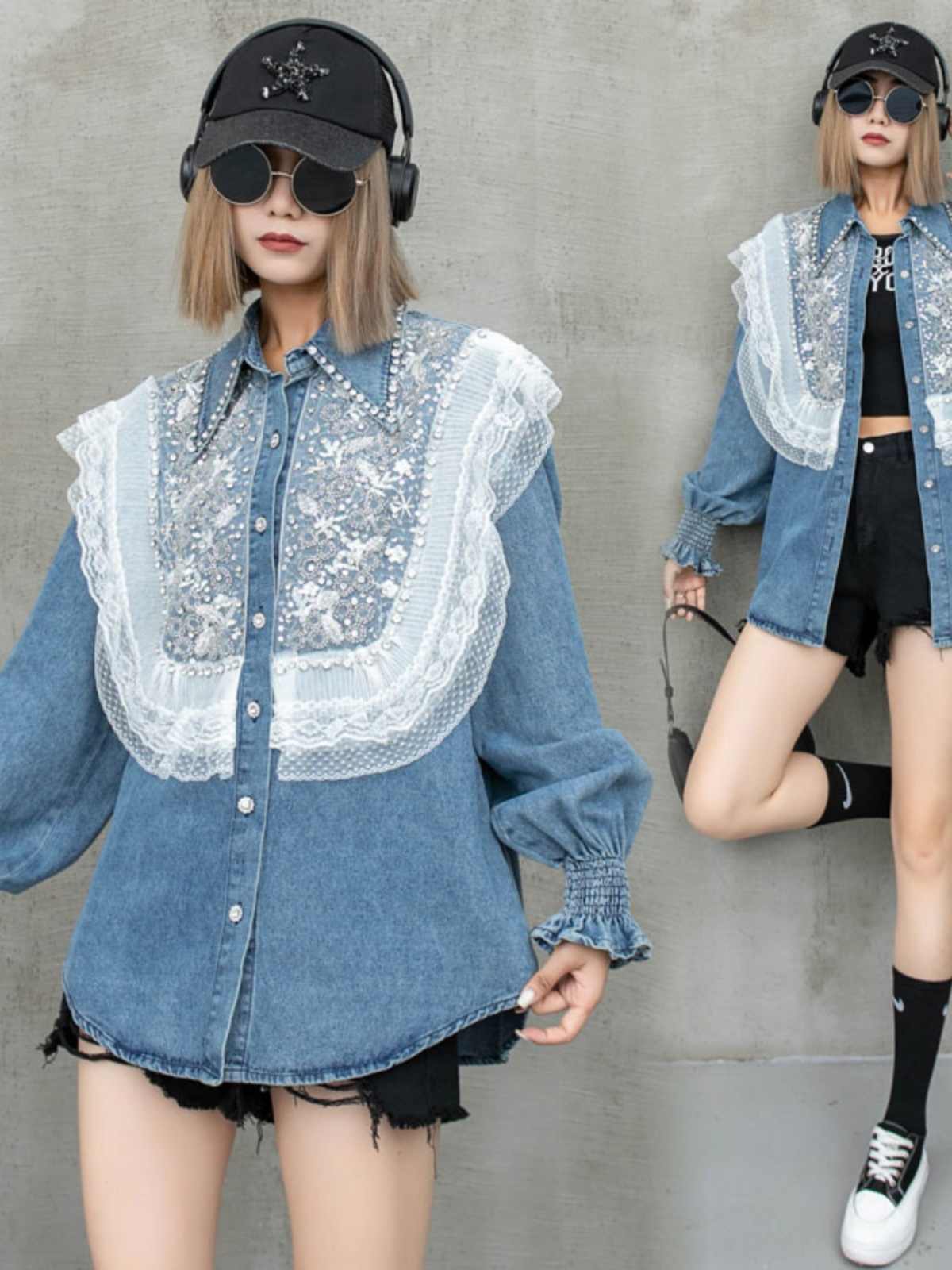 大好評 上質 話題沸騰中 おしゃれ度高め レース 切り替え デニム シャツ E-9409