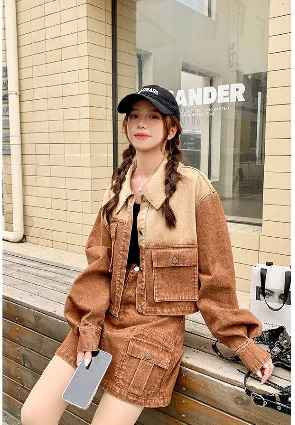 絶対欲しい グラデーション デザイン性抜群 デニム トップスⅹミニスカートセットアップE-9159