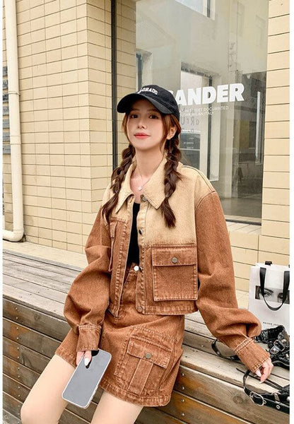 絶対欲しい グラデーション デザイン性抜群 デニム トップスⅹミニスカートセットアップE-9159