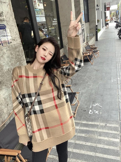 レトロ ラウンドネック オシャレ度満点 チェック柄 長袖 ニット セーターE-6808