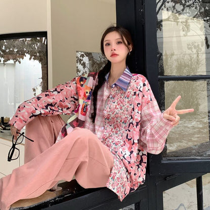 スタイルアップ効果抜群 切り替え カジュアル チェック柄 全2色 シャツ E-9177