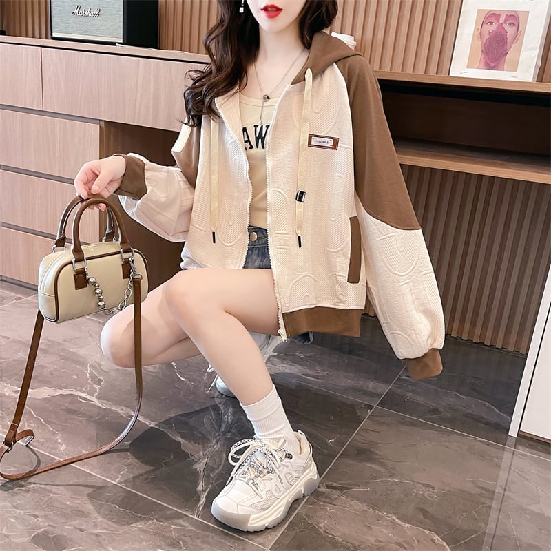 今季マストバイ トレンドアイテム 存在感抜群 アバンギャルド 切り替え 2色選択 パーカー トレーナー レディース フード付き カーディガン E-9551