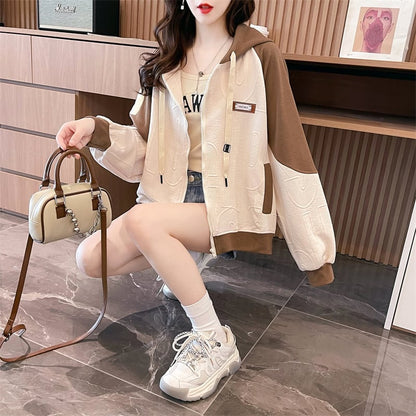 今季マストバイ トレンドアイテム 存在感抜群 アバンギャルド 切り替え 2色選択 パーカー トレーナー レディース フード付き カーディガン E-9551