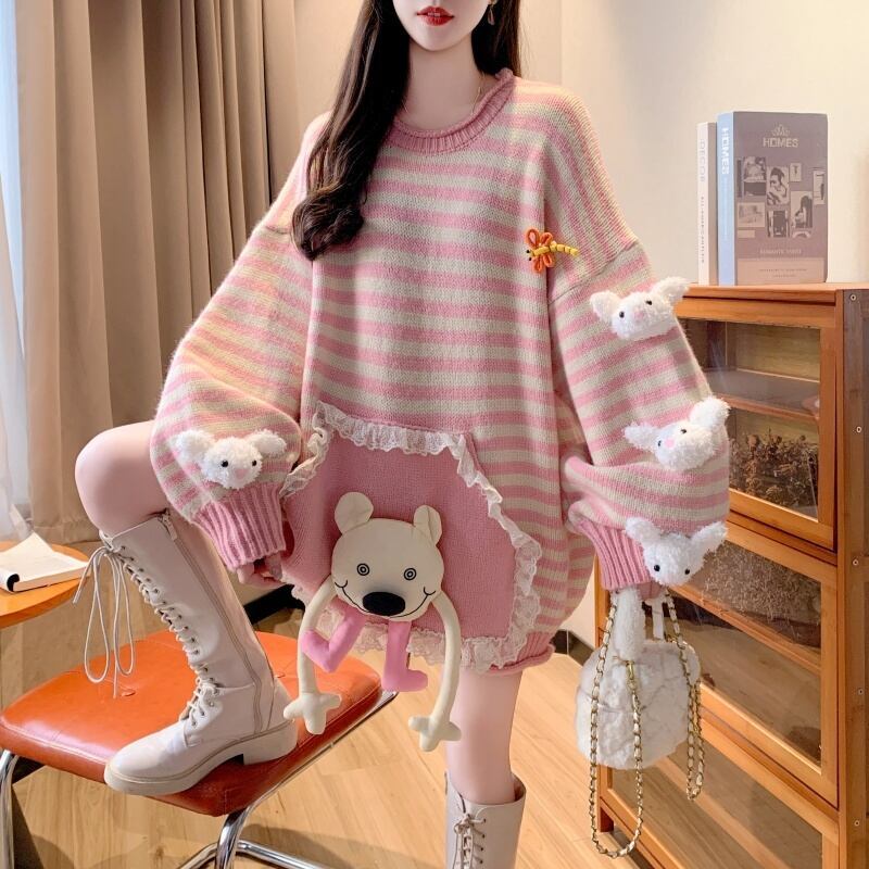 スタイルアップ効果抜群 ストライプ柄 個性的なデザイン 2色選択ニットトップスE-10585