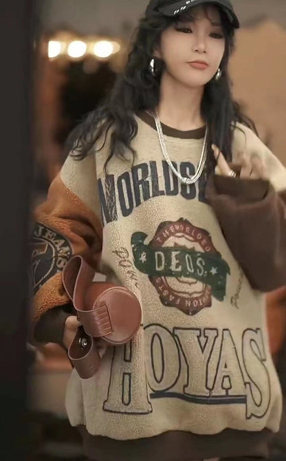 超人気商品刺?ロゴ配色   切り替えボアスウェットE-4389