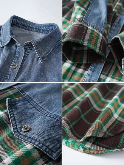 今季マストバイ 着心地良い 絶対欲しい チェック柄 切り替え デニム シャツ E-9266