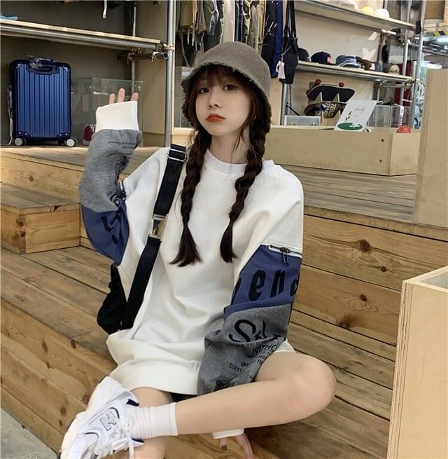 個性派 長袖 ラウンドネック ジッパー スウェット パーカーE-2146