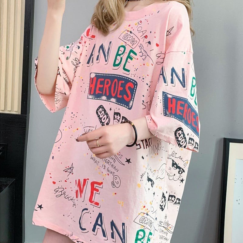 スタイリッシュ 一目惚れ 切り替え プリント Tシャツ カットソー＜ins-3540＞