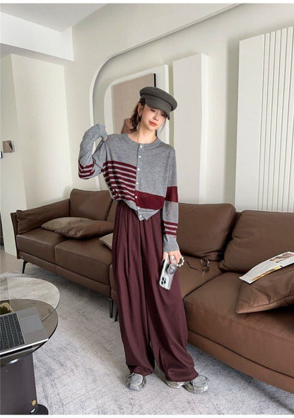 都市ファッショ デザイン オシャレ 切り替え ストライプ柄 ニットトップスE-9581