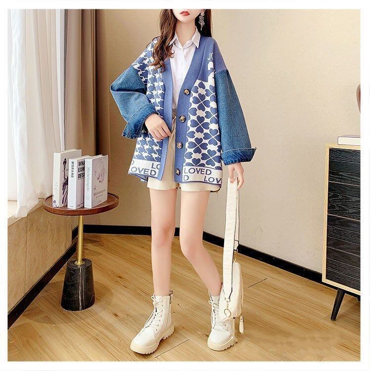 都市ファッショ デザイン オシャレ デニム切り替え 全2色 ニットカーディガンE-9377