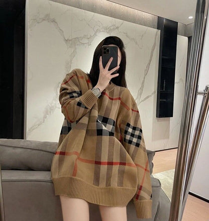 レトロ オシャレ度満点 ラウンドネック チェック柄 長袖  ニット セーターE-2530