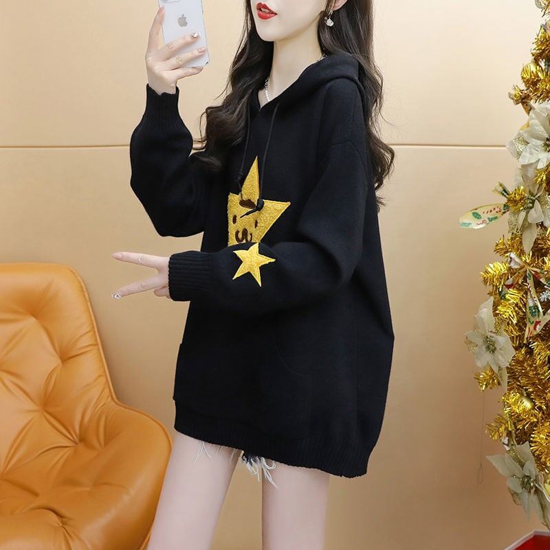 大人可愛い星柄ロゴゆったりフード付きニットパーカ全2色トップスE-4782