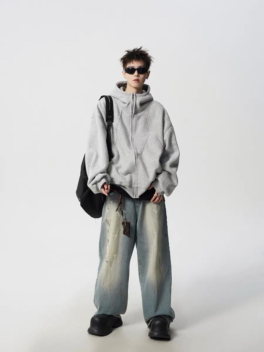 ファッション感満々 切り替え 2色選択 男女兼用 ジップアップパーカーE-12543