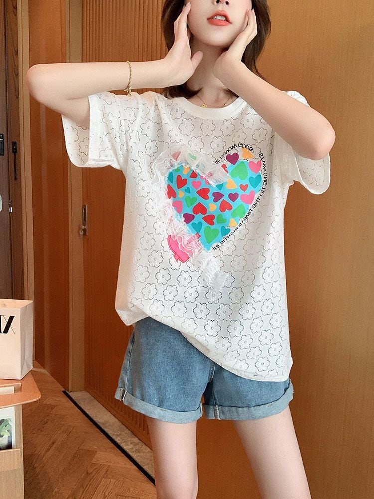 新商品 キュート 透かし彫り ゆったり 半袖Tシャツ＜ins-8422＞