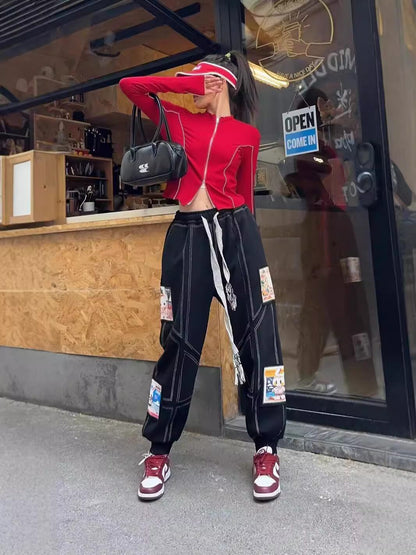 大活躍 高見えデザイン スタイルアップ効果抜群 切り替え プリント 全4色 カジュアルパンツE-9358