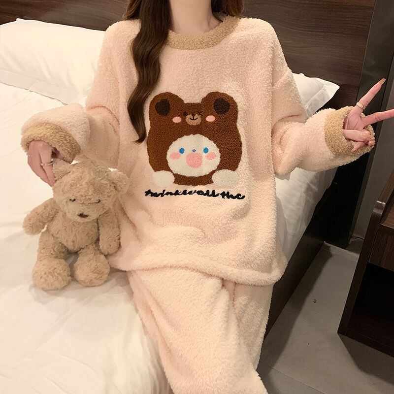 柔らかな肌触りで着心地も楽ちん！モコモコ ルームウェア 全3色 パジャマ 上下セットE-10337