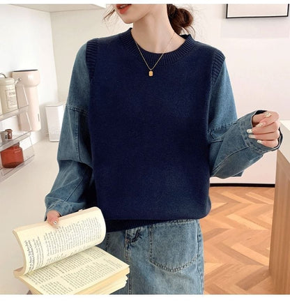 好感度UP レイヤード風 スタイルアップ デニム 切り替え 3色選択 ニットトップスE-9594