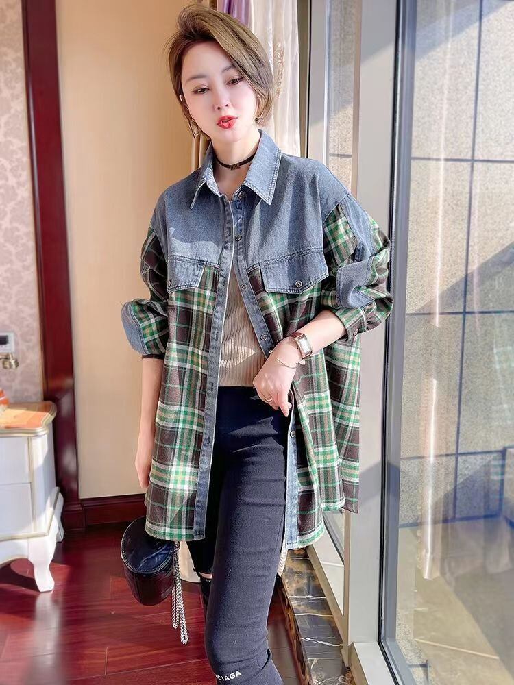 今季マストバイ 着心地良い 絶対欲しい チェック柄 切り替え デニム シャツ E-9266