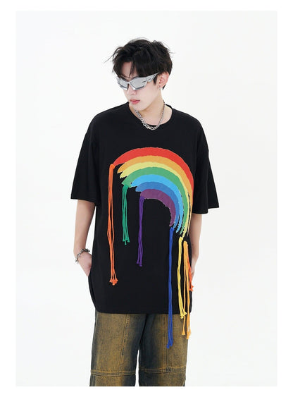 好感度UP 虹ロゴ タッセル ゆったり Tシャツ 全2色 ユニセックス半袖E-4863