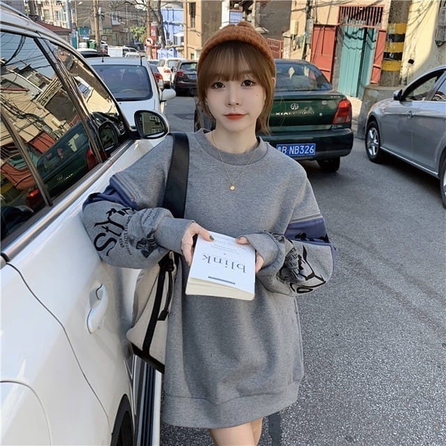 個性派 長袖 ラウンドネック ジッパー スウェット パーカーE-2146