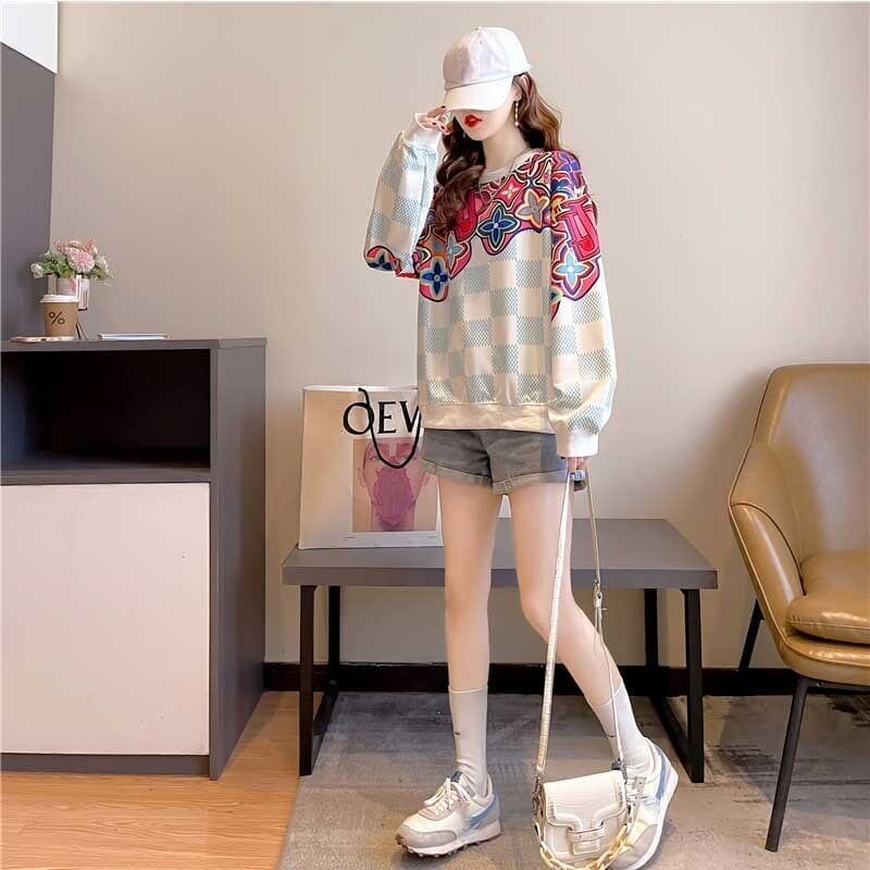 スタイリッシュ ラウンドネック 女性力を高める プリント スウェット パーカーE-2791
