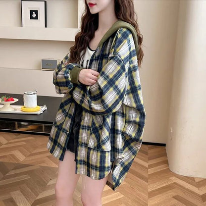 スタイルアップ効果抜群 チェック柄 カジュアル 2色選択 シャツ E-10724