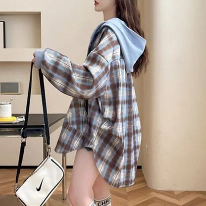 スタイルアップ効果抜群 チェック柄 カジュアル 2色選択 シャツ E-10724